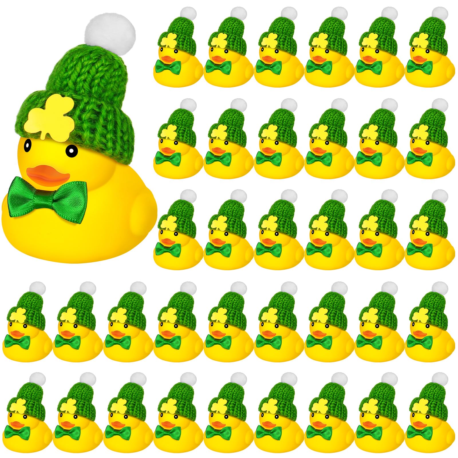 Liliful 36 Pcs St. Patrick'S Day Rubber Ducks With Hats & Bows, Small Yellow Ducks, Green Hats & Bows, Squeaky, Floating, Bath T