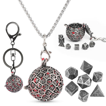 Kabinka Mini DND Dice Set, D100 Hollow Metal Dice Necklace, 7PCS Tiny D&D Dice with Keychain for Dungeons and Dragons, RPG, Port