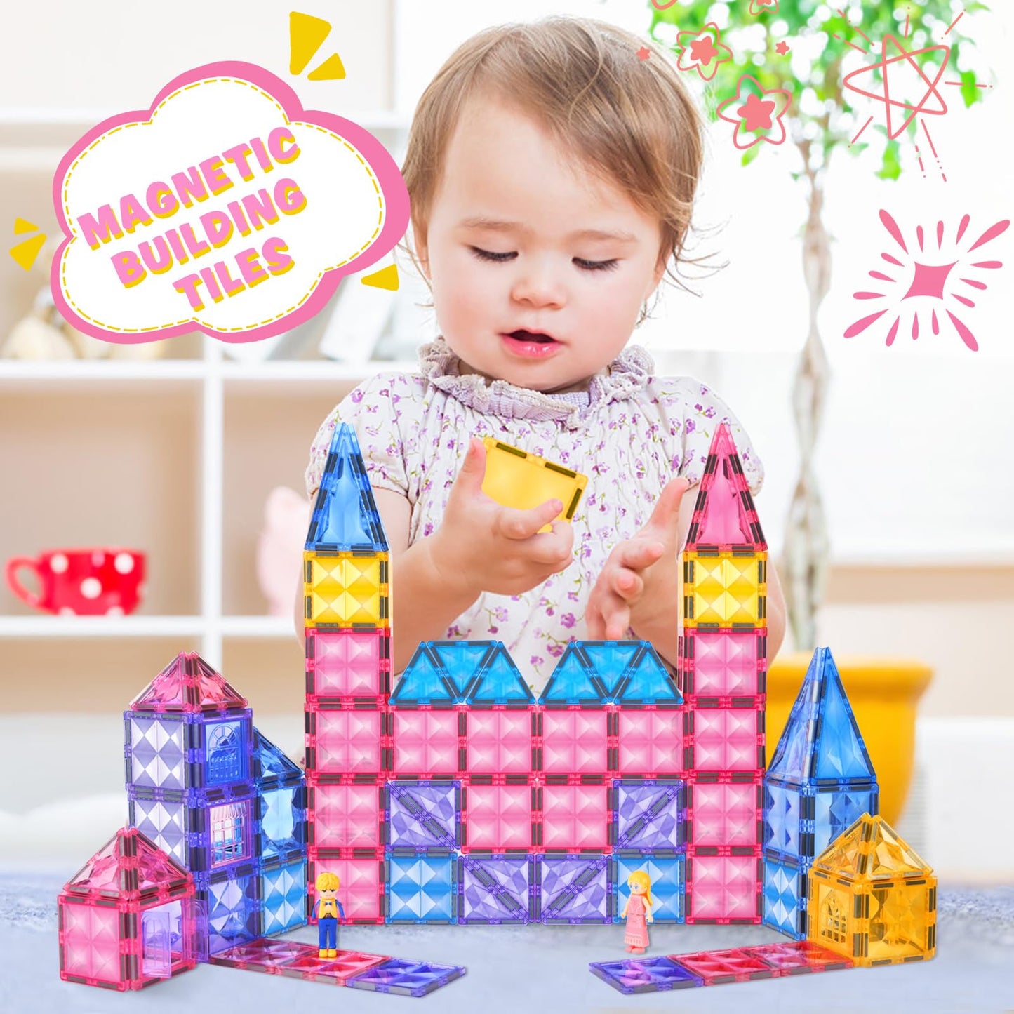 Princess Magnetic Tile Castle 3D Building Block Set - Sensory Stem Educational Building Toddler Kids Toys - Pink Magnetic Buildi