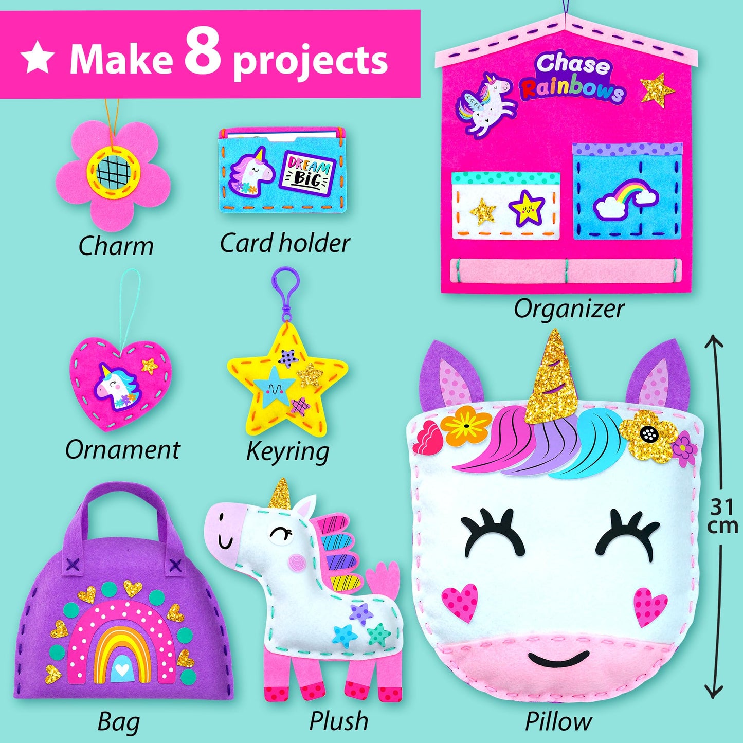 KRAFUN My First Unicorn Kids Sewing Kit - 5 Plush Projects, Beginner Arts & Crafts, Includes Felt & Instructions, Model 89767