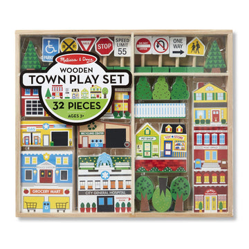 Melissa & Doug Wooden Town Play Set (32 pcs) - Multi Color, Includes Storage Tray, Model 98141, Pretend Play for Kids
