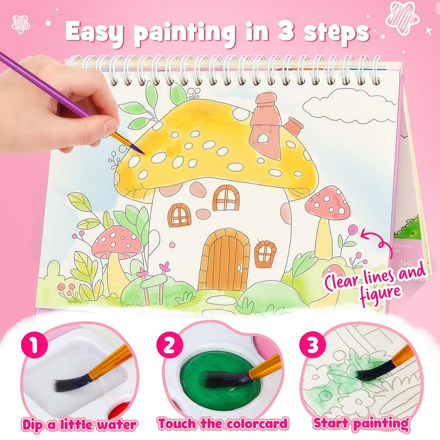 ROOCHKD Mess Free Paint with Water Watercolor Book, Portable Spiral-Bound Painting Art Set Gifts for Kids, Travel Friendly