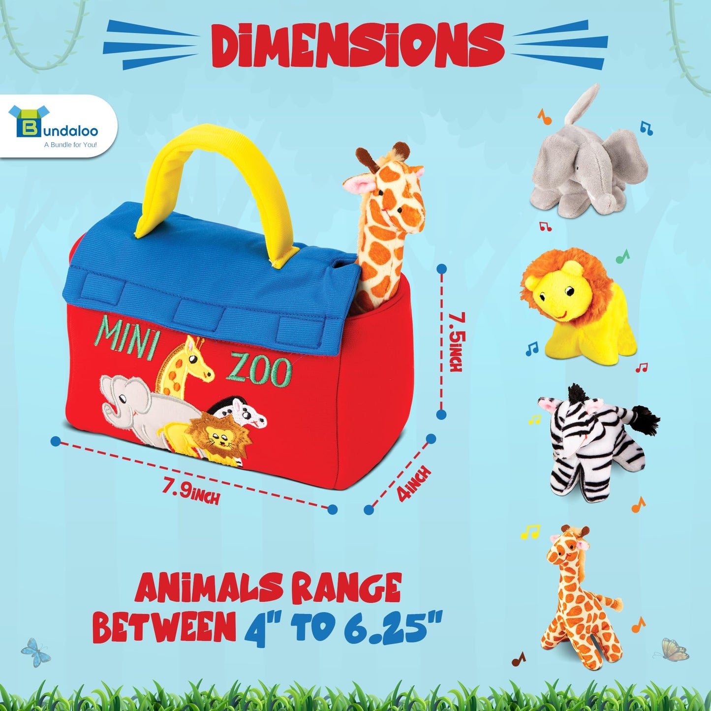 Bundaloo Plush Mini Zoo Playset - Giraffe, Elephant, Lion, Zebra - Interactive Animals, Carrier with hook and loop Closure, Natu
