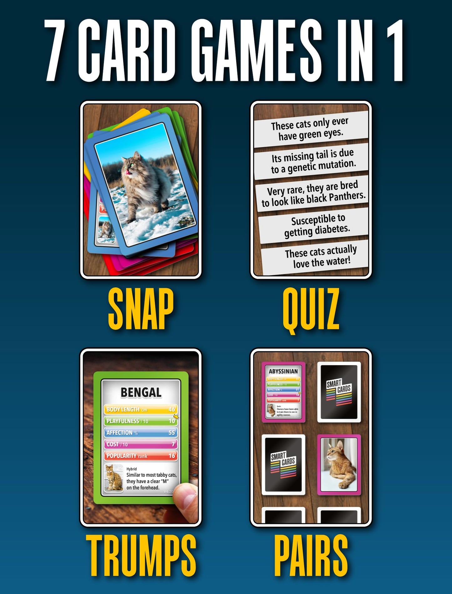 SMART CARDS Cats Card Games - Matching Pairs, Snap, Trumps, Rummy, Happy Families (8 Games To Play) | Age 5+, 1-8 Players | Fun