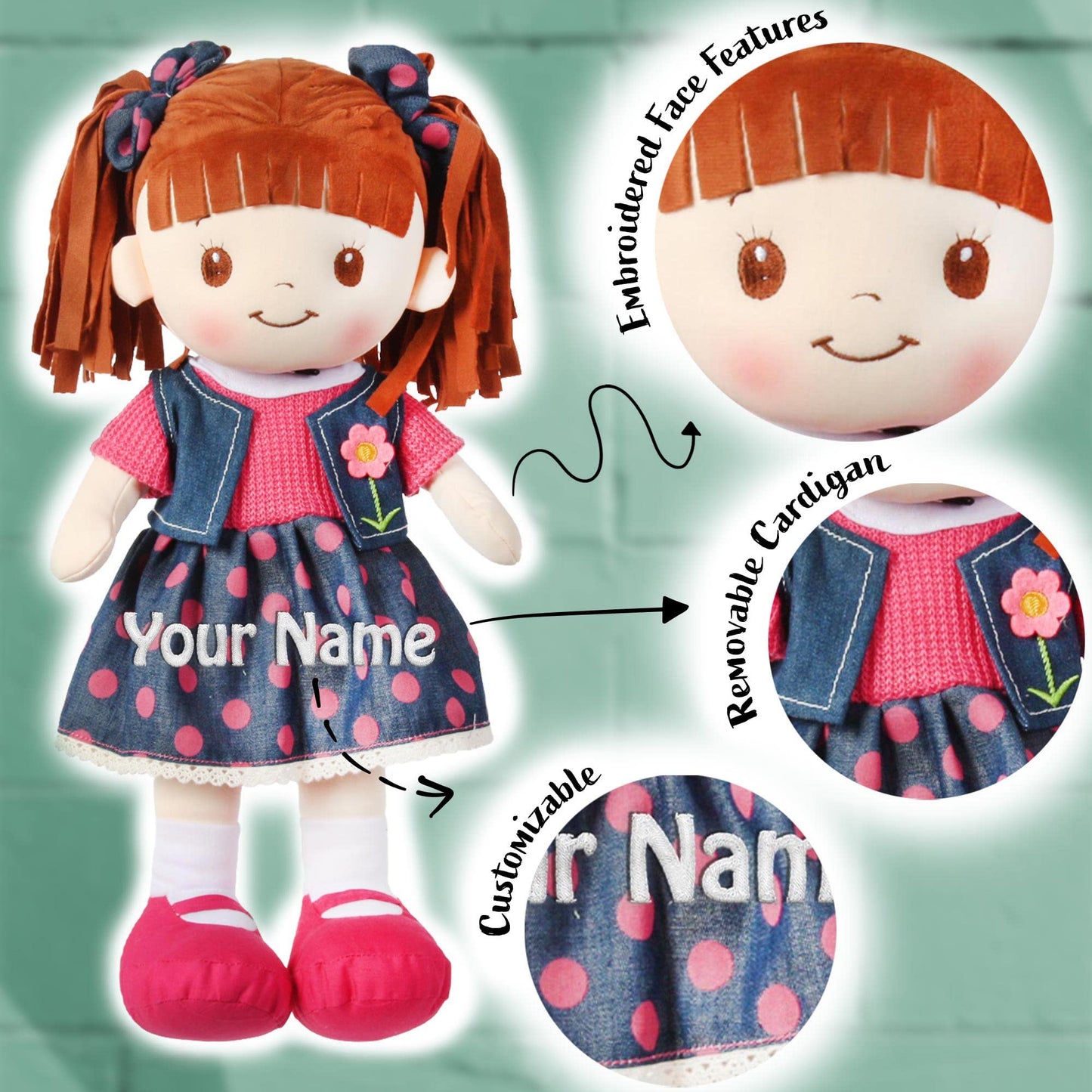 Personalized Snuggle Dolls, Custom Soft Brunette Baby Rag Doll, Pink Polka Dot Skirt, 16 Inches, Muecas De Trapo Personalizadas