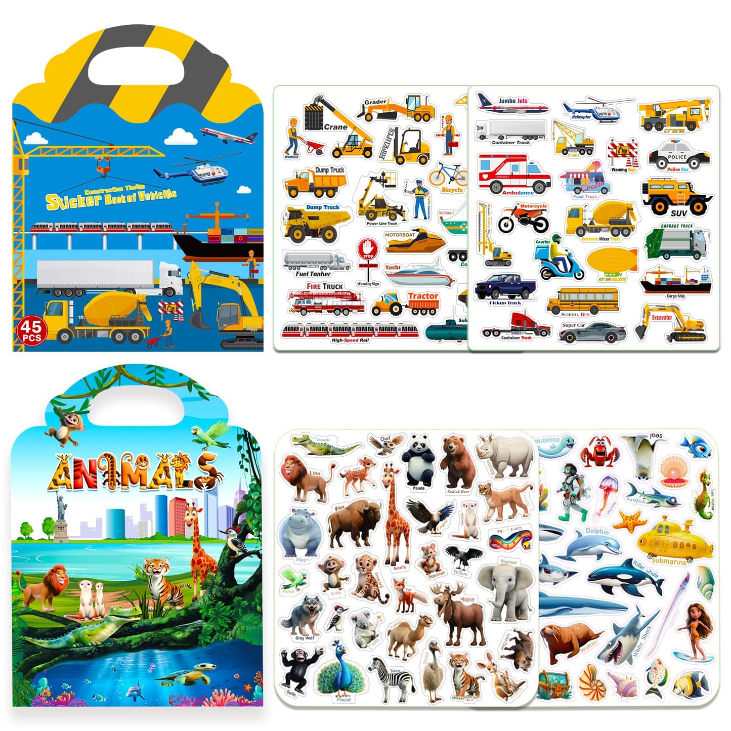 2Pack Reusable Sticker Books For Kids 2-4,Vehicle Cars & Animals 3D Jelly Stickers Activity Busy Book For Toddlers Boys Girls Ro