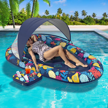 Sunikko X 3-In-1 Pool Floats Lounge, Inflatable Pool Floats For Adults With Canopy And Cup Holder, Hawaii Style