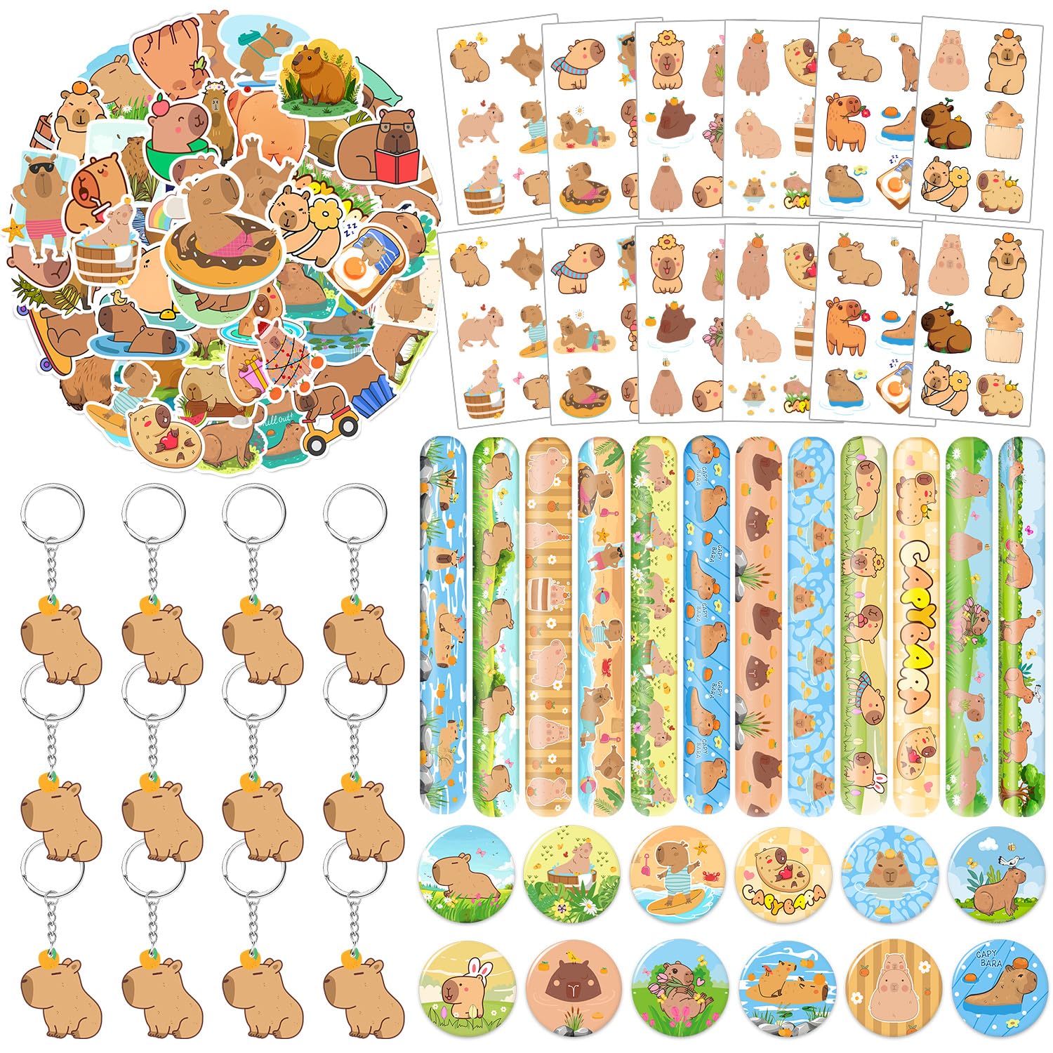 Lcnjscgo 98 PCS Capybara Party Favors, Capybara Temporary Tattoos, Slap Bracelets, Keychains, Stickers, and Badges for Kids Capy