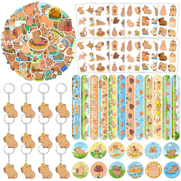 Lcnjscgo 98 PCS Capybara Party Favors, Capybara Temporary Tattoos, Slap Bracelets, Keychains, Stickers, and Badges for Kids Capy