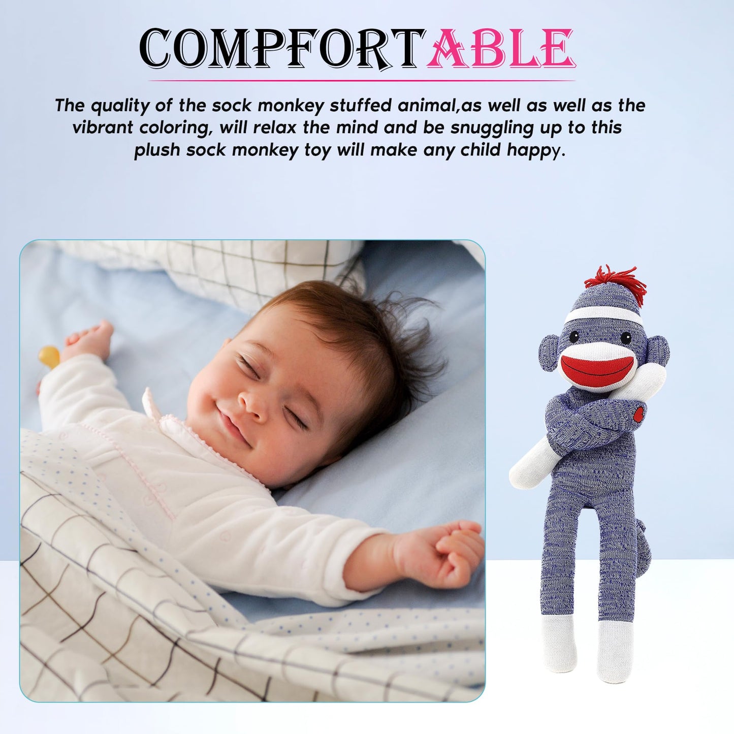 Made By Aliens Hand Knitted Sock Monkey Toy - 20" Blue Plush, Classic Edition, Perfect Gift for Kids and Babies