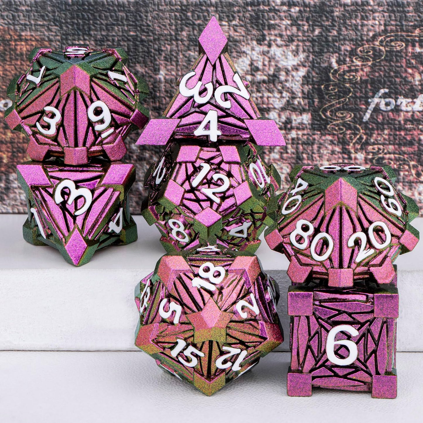 Orifantou 7Pcs Metal Dnd Dice Set With Box, Debris Rpg Red D And D Dice For D&D Tabletop Games Role Playing Game, Polyhedral Dic