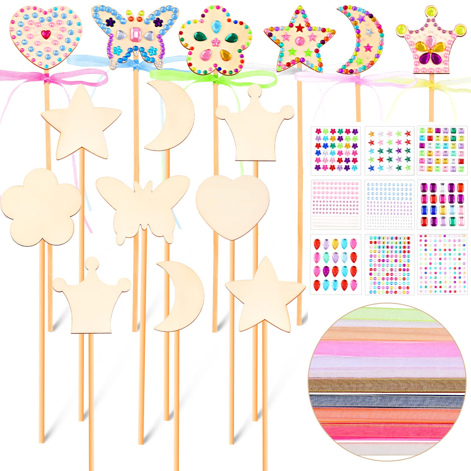 Chinco Princess Fairy Wands Kit Include Wooden Fairy Wands, Gem Stickers, Ribbons Unfinished Wooden DIY Magical Crafts Moon Butt