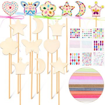 Chinco Princess Fairy Wands Kit Include Wooden Fairy Wands, Gem Stickers, Ribbons Unfinished Wooden DIY Magical Crafts Moon Butt