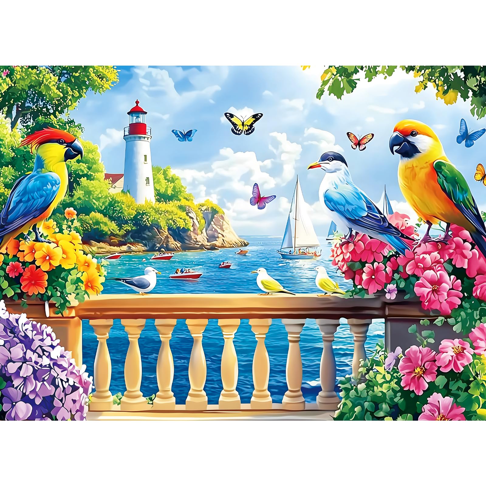 300 Pieces Puzzles for mature-themeds Birds & Flowers Puzzle 300 Pieces Puzzle for mature-themed Large Piece Coastal Lighthouse Jigsaw Puzzle for Kids Ages 8-10 Challenging Family Game Holiday Party Gift 20.5 x 15 In