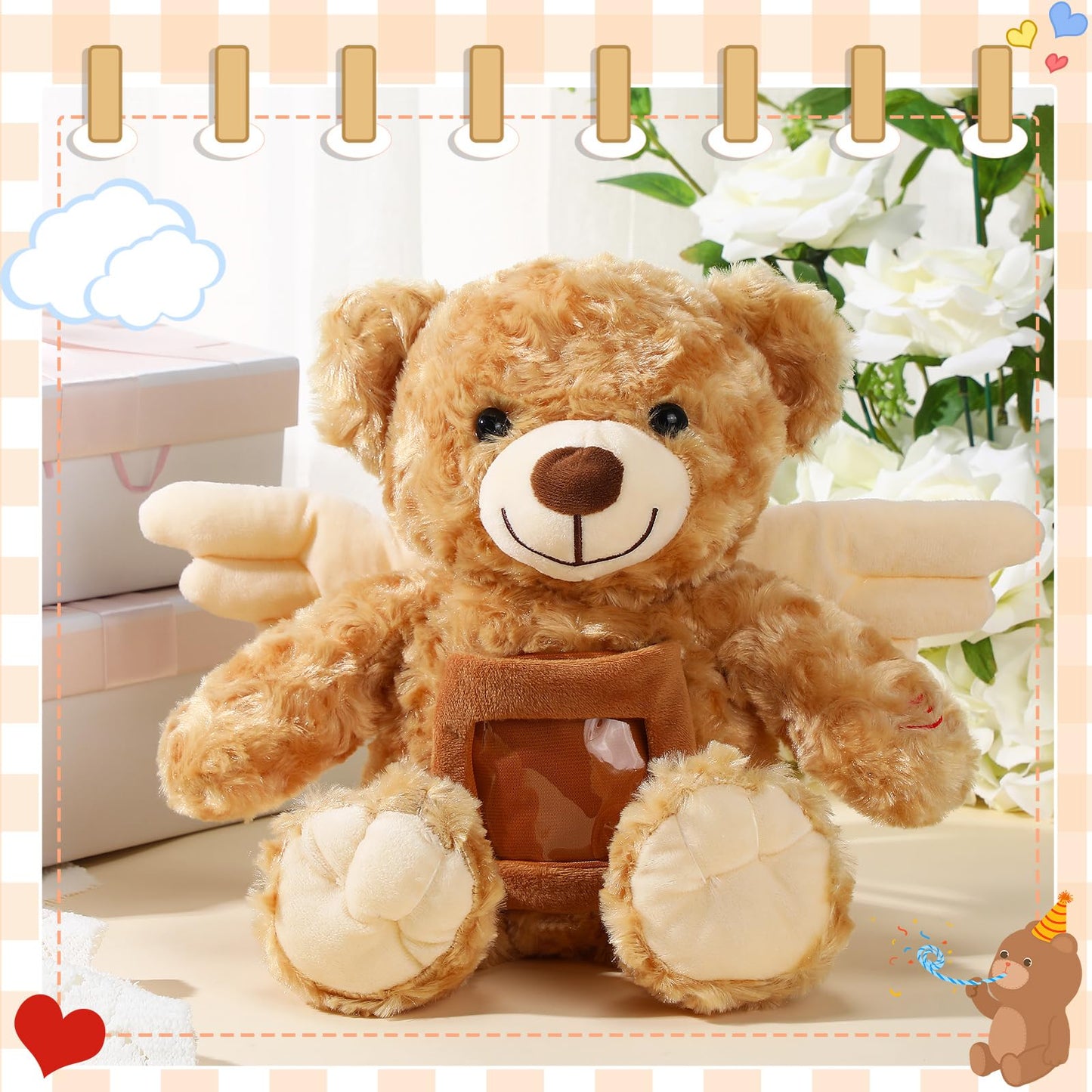 Leyndo Angel Bear Plush Stuffed Animal, 12 Inch Voice Recorder, Brown Memorial Toy for Family, Baby Shower, Birthday Gifts
