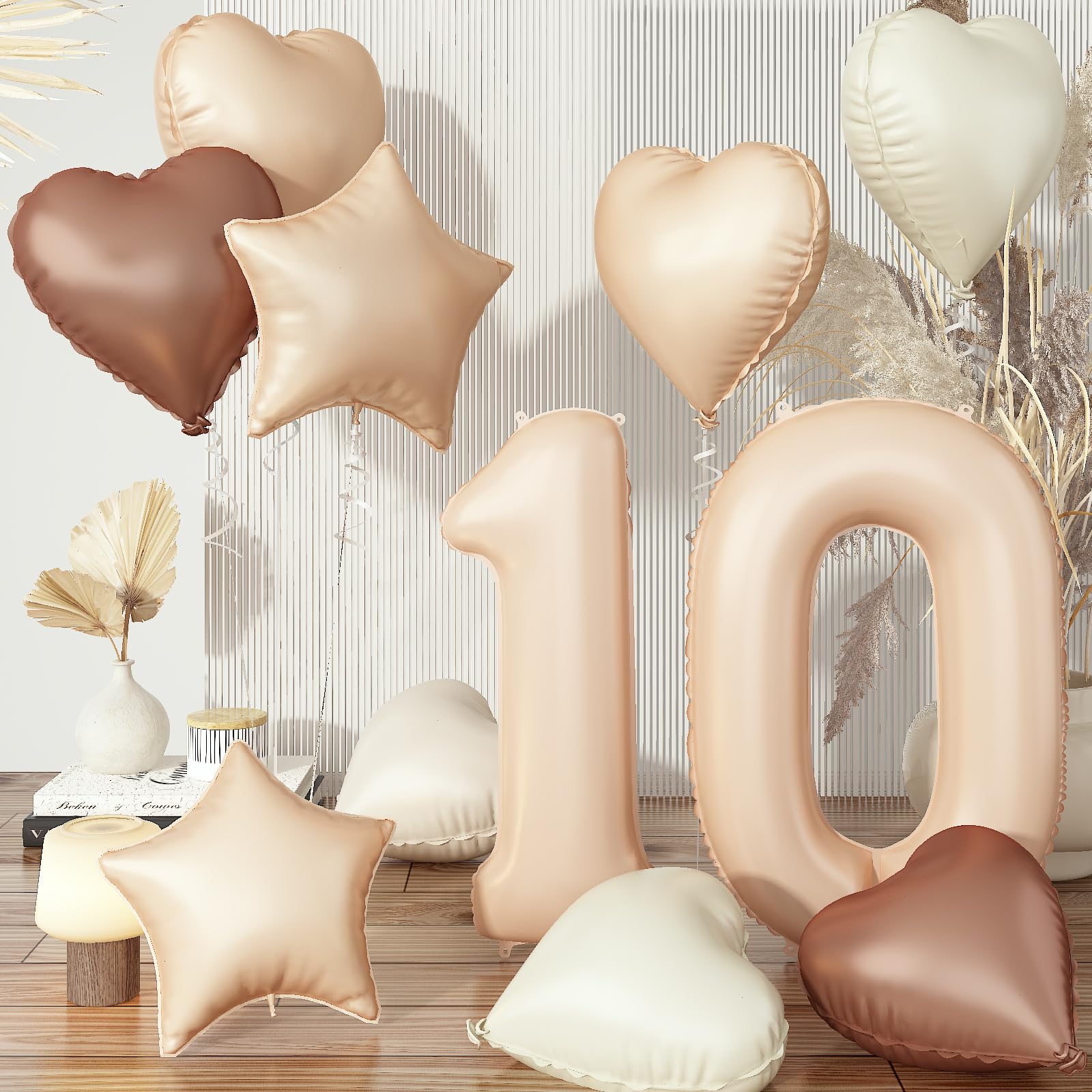 40 Inch Number 10 Balloon Decor, Cream Retro Apricot Brown Foil Neutral Heart 10 Balloons With Taupe Star Helium Balloon For Gir
