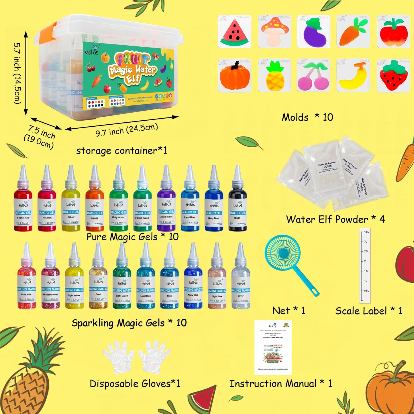 Magic Water Elf Toy Kit, Aqua Fairy Water Gel Kit With 20 Magic Gels, 10 Fruit & Vegetable Molds. Christmas Gifts, Birthday Gifts, Party Favors, Arts & Crafts Diy Stem For Kids (20 Colors)