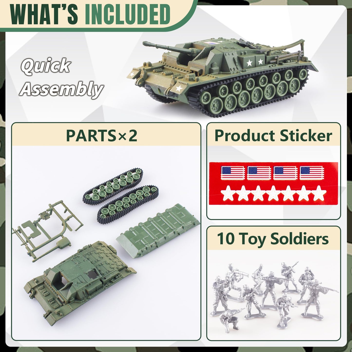 Maozyhomie U.S Toy Tank And Army Men Toys Playset, 2Pc Tank-5 Models And 10Pc Toy Soldiers, Olive Drab Green 1:72 Military Vehic