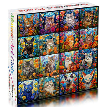 Bgraamiens Puzzle-Mosaic Art Cats-1000 Pieces Mosaic Art Puzzle For Adults, Stained Glass Art Puzzle With Cats And Flowers, Impossible Puzzle Color Challenge Cats Puzzle For Adults