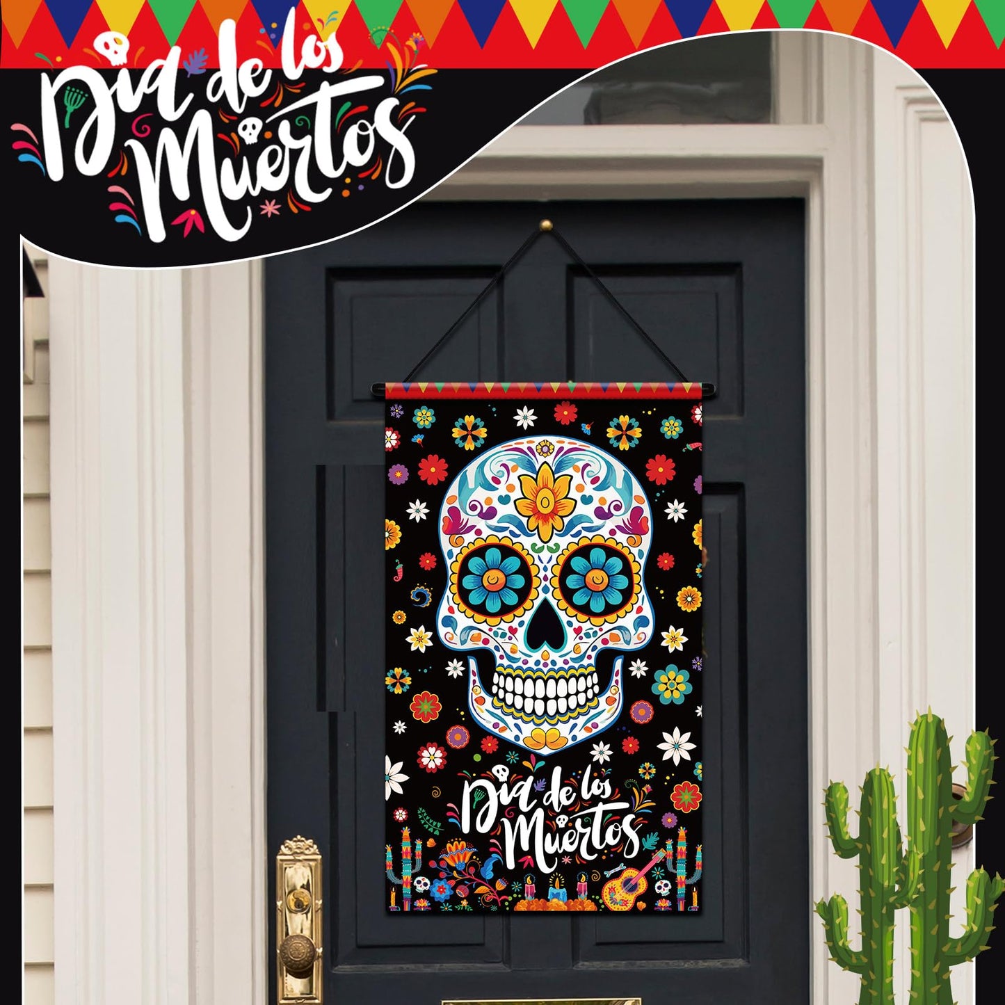 Tegeme 3 Pcs Day of The Dead Door Sign Flag Dia De Los Muertos Front Door Decoration Halloween Hanging Decor Banner Wall Flag Or