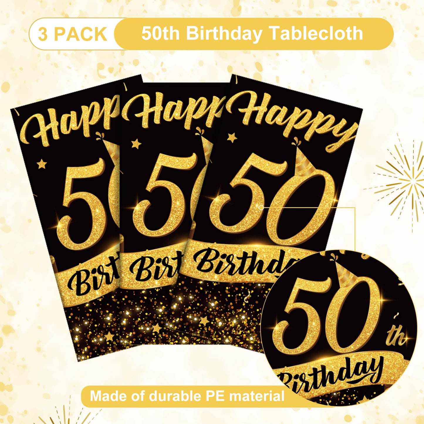 NatNarr 3 Pack 50th Birthday Tablecloth, Plastic Black Gold Table Cloths 50th Birthday Table Cover, Disposable Rectangle Table C