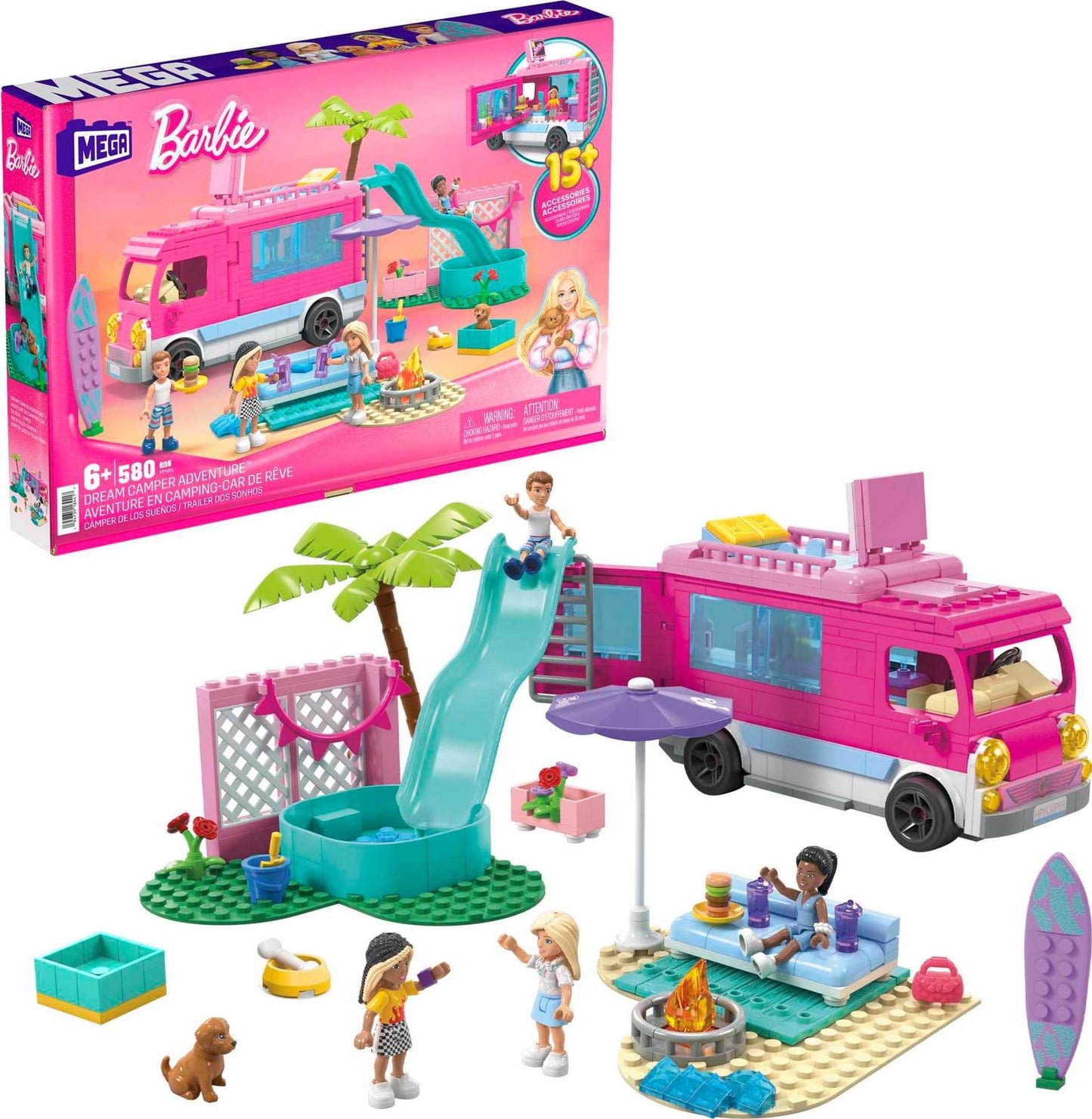 Mega Construx Barbie Dream Camper Adventure Building Toy Set, 580 Pieces, 4 Micro-Dolls, Pink, Ages 6+, Plastic