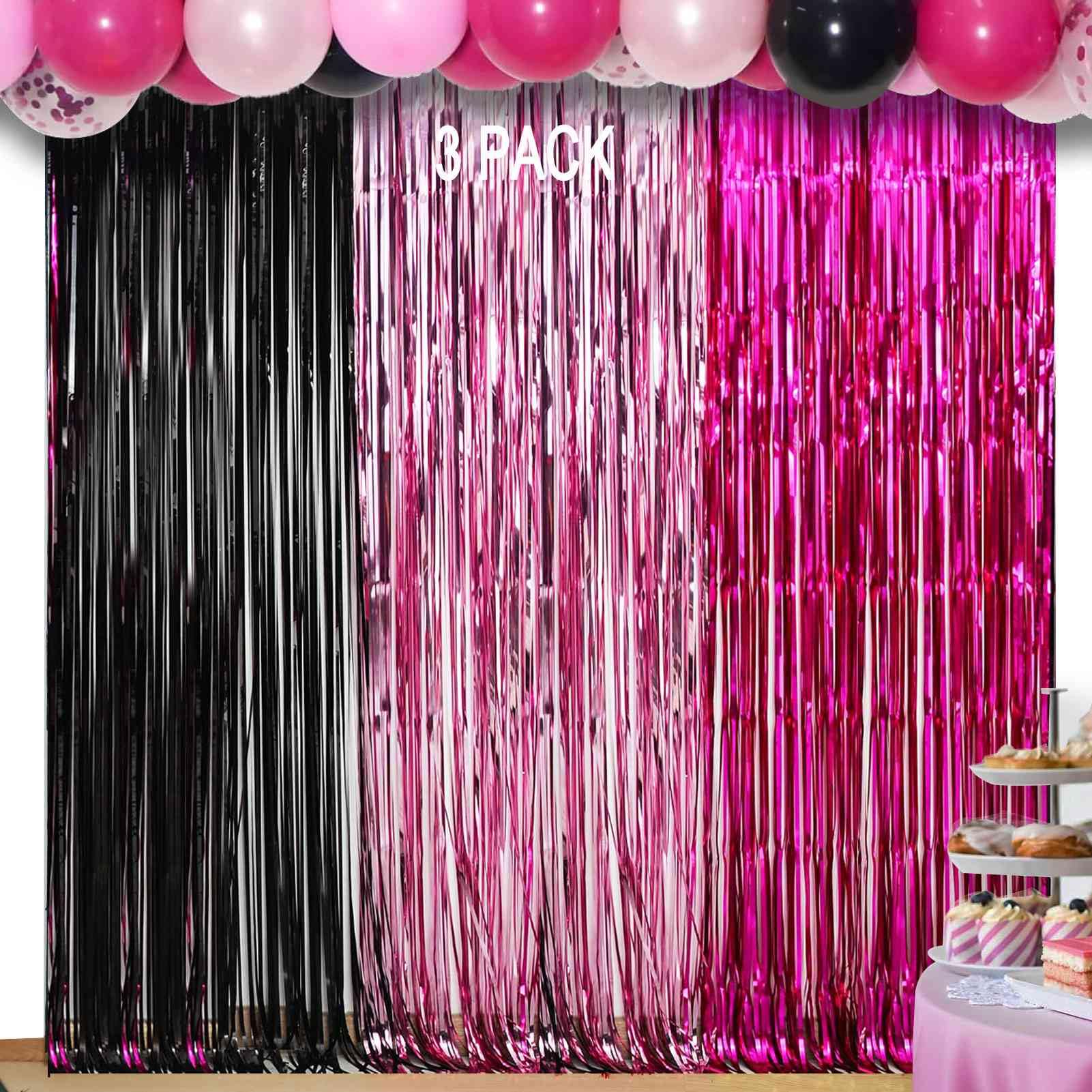 EUFARS Pink and Black Birthday Decorations - 3 Pack of 3.2x8.2ft Black Pink Fuchsia Tinsel Fringe Backdrop Streamers Curtains fo