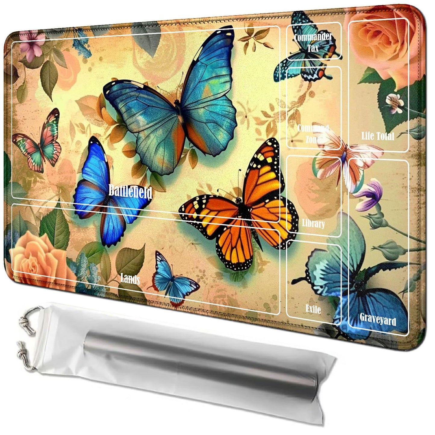 Rwutytiul Butterfly Card Playmat 24 X 14 Inch With Tube Bag, Card Gameplay Playmat With Zones Commander Deck Board Mtg Rpg Ccg T