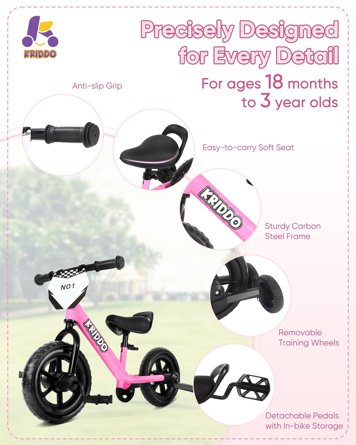 KRIDDO 2-in-1 Kids Tricycle and Toddler Balance Bike 2 Year Old, Detachable Pedals and Stowable Training Wheels, DIY Plate, Ridi