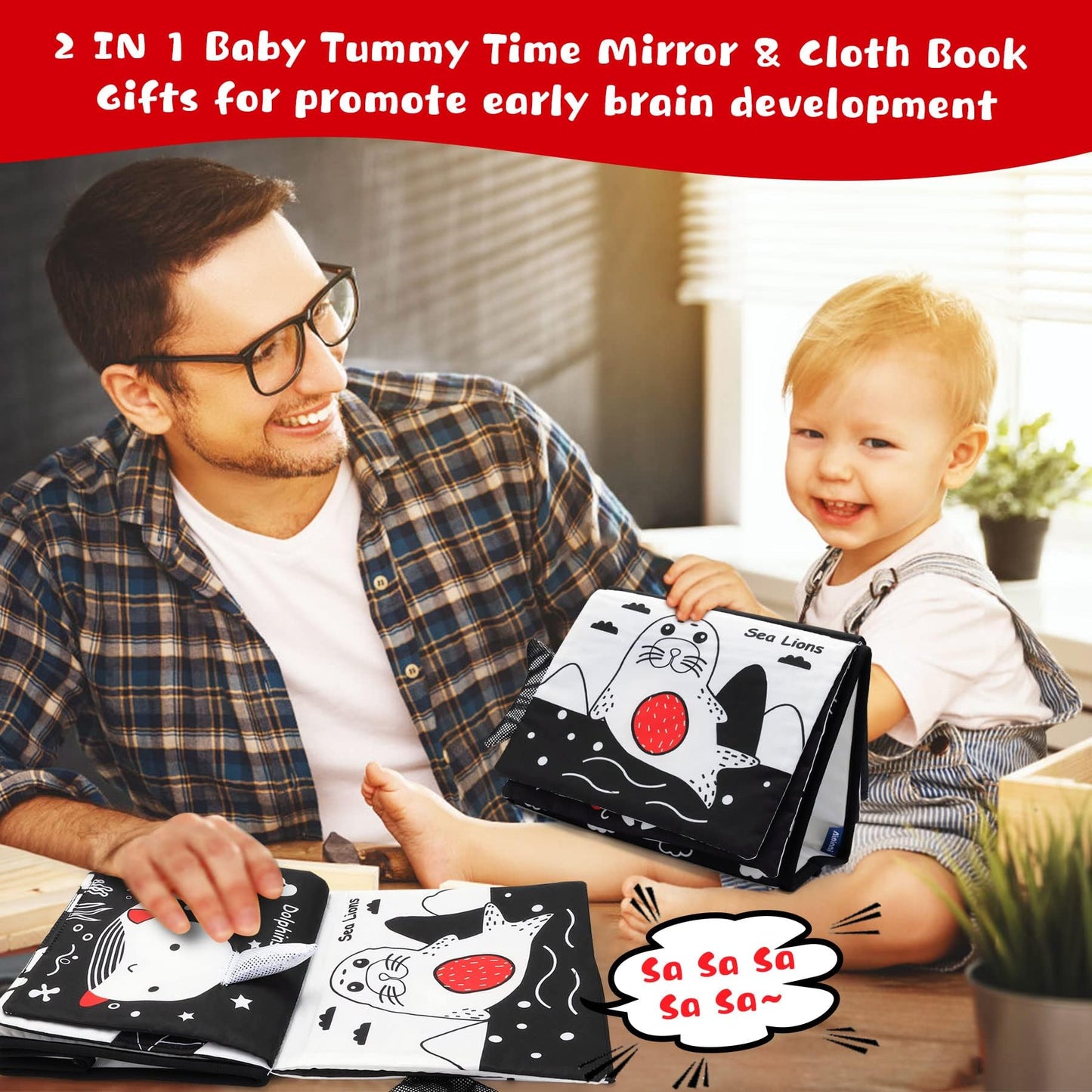 Tummy Time Mirror Toys, Baby Toys 6-12 Months Mirror Floor Toy Soft Cloth Book, Black And White Sensory Toys Activity Montessori