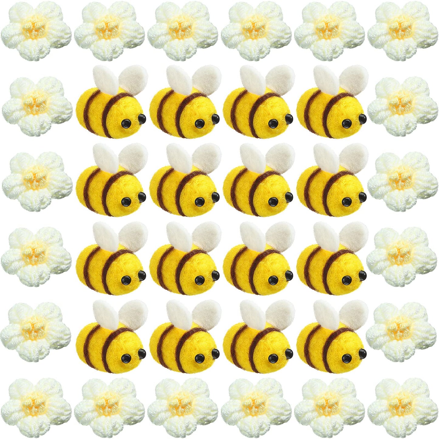 Moukeren 72 Pcs Felt Bees for Crafts and Crocheted Spring Flowers Set, Wool Fuzzy Bee Decorations Plush Knitted Flowers for DIY 