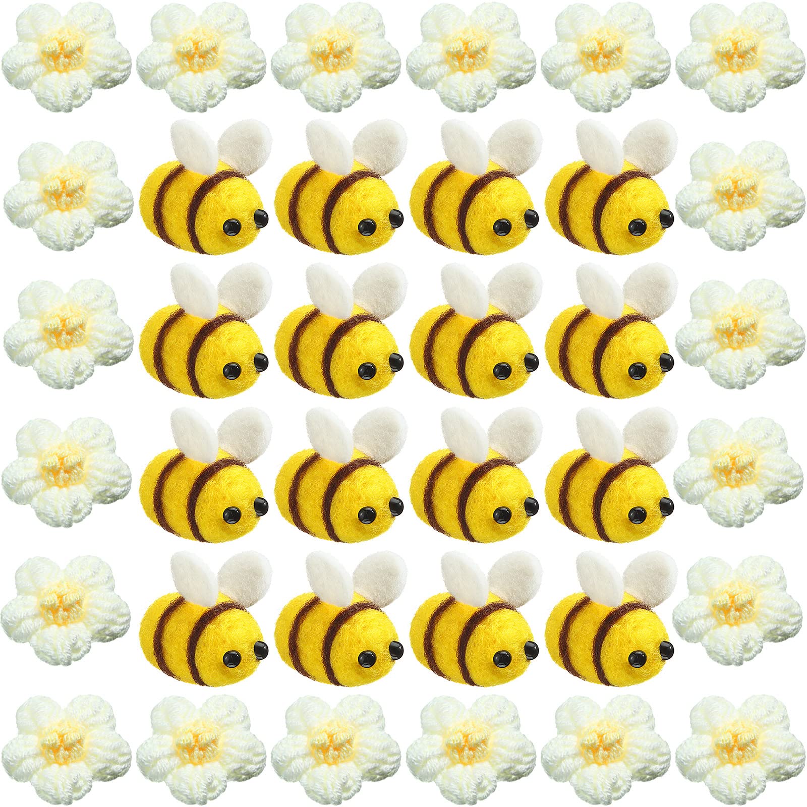 Moukeren 72 Pcs Felt Bees for Crafts and Crocheted Spring Flowers Set, Wool Fuzzy Bee Decorations Plush Knitted Flowers for DIY 