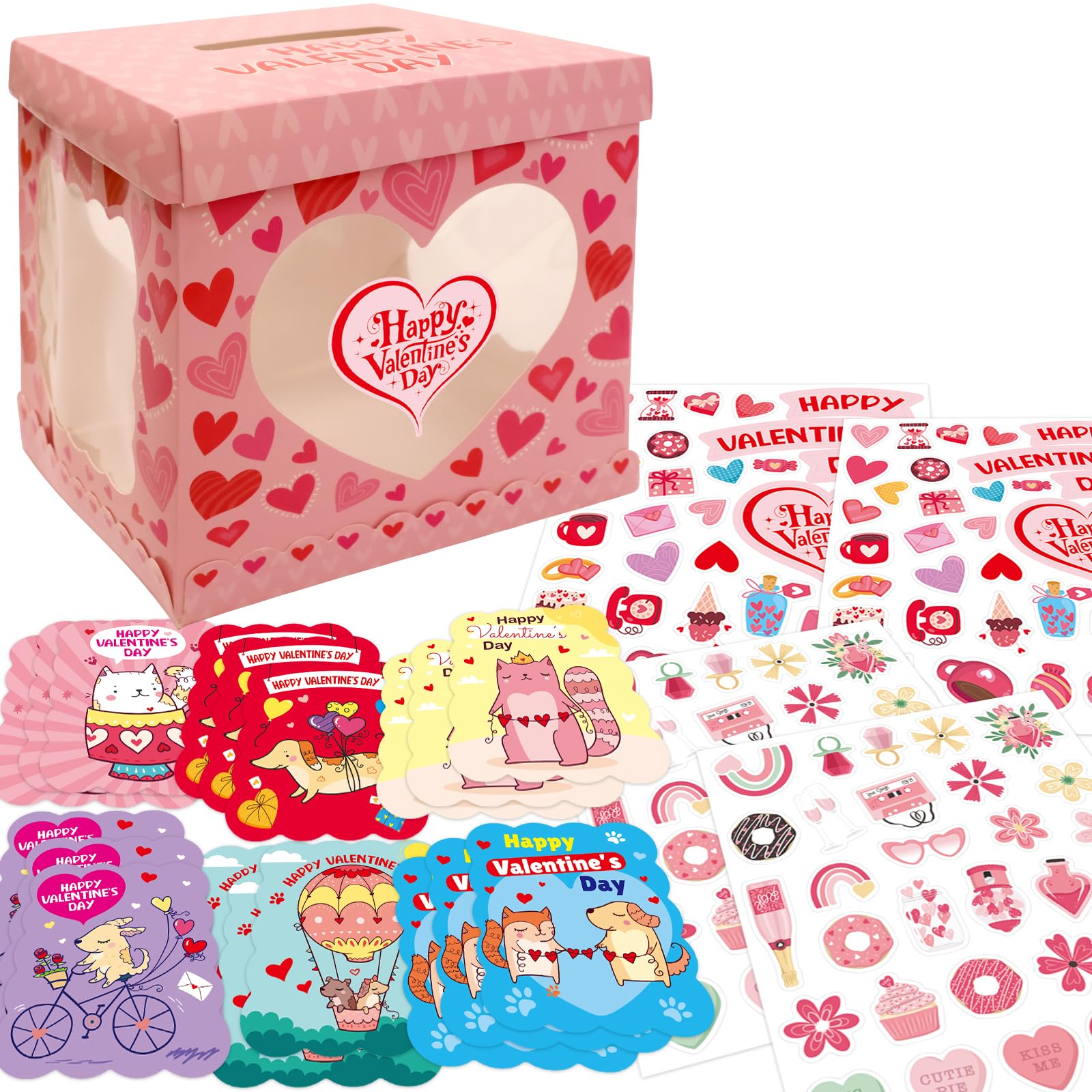 WorldBazaar 36 Pack Valentines Day Animal Cards With Envelopes Cat Dog DIY Craft Mailbox with Windows DIY Valentine  Box for Ki