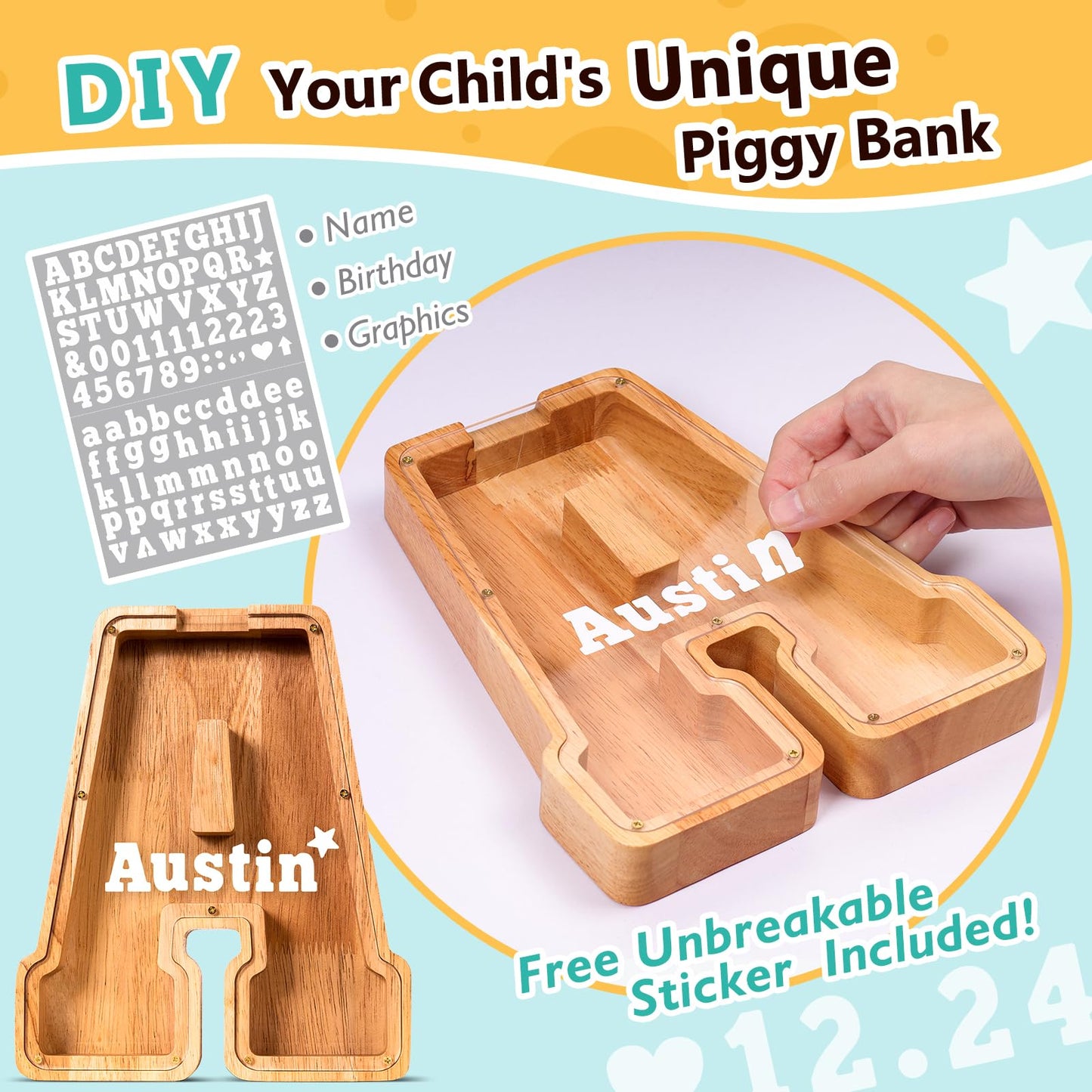 SummiDate Wooden Letter Piggy Bank for Kids| Piggy Bank for Boys Girls Toddler| Alphabet A Money Bank| Wood Coin Bank Personalized Birthday Easter Gifts for Kids (A)