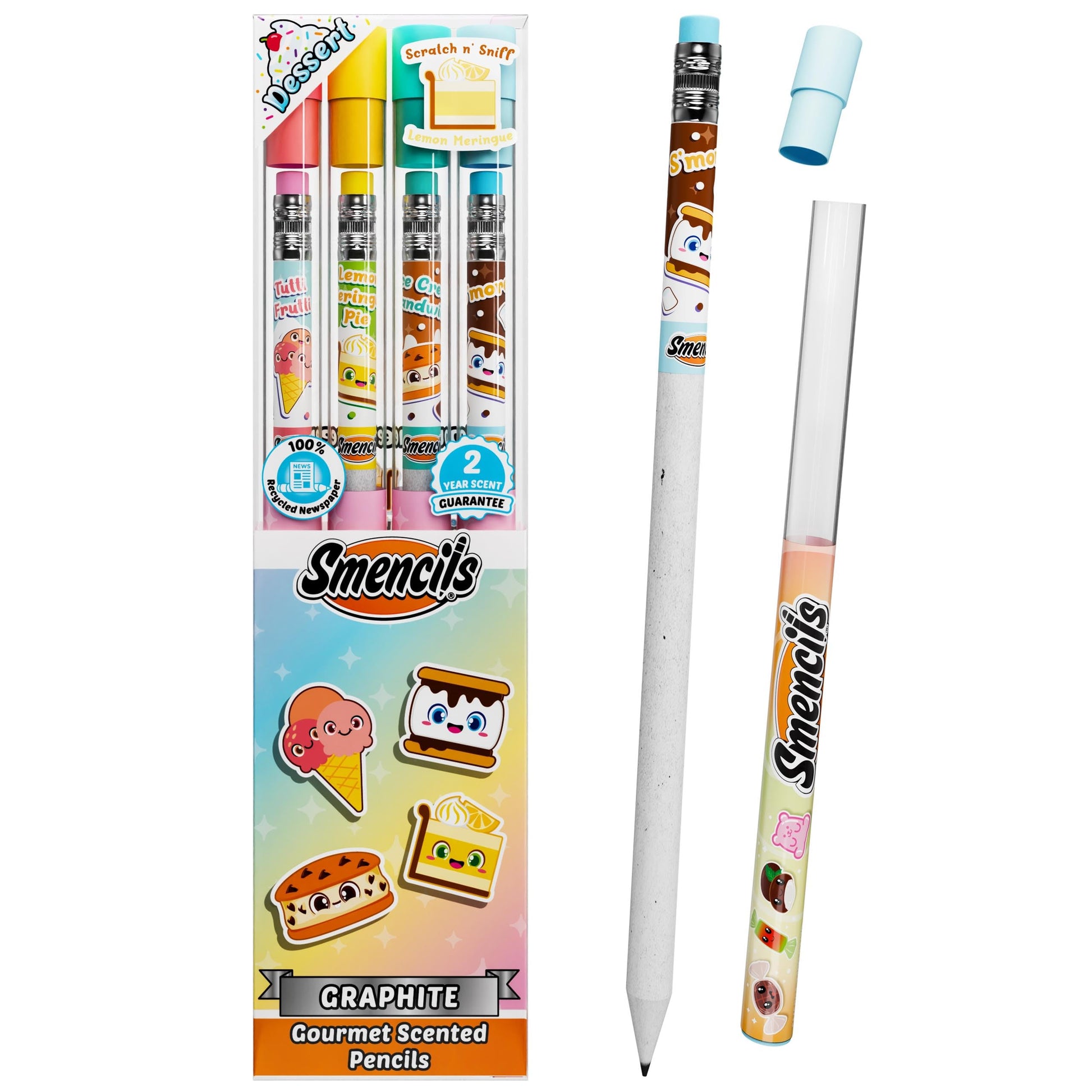 Smencils Dessert Scented Pencils - HB #2 Graphite Pencils Made from Recycled Newspapers, 4 Pack, Long-Lasting Gourmet Scents, Fu