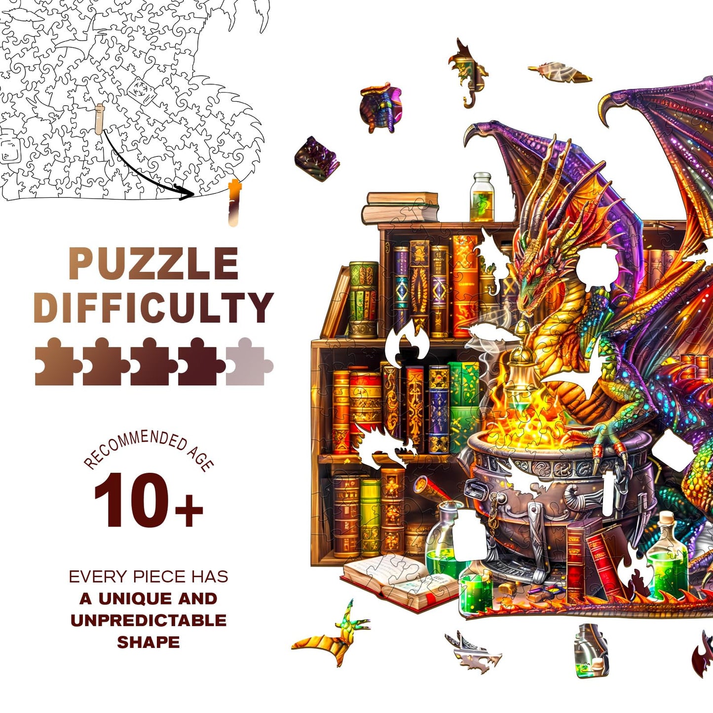 Wooden Puzzles for mature-themeds - Challenging Dragon Magic Potion mature-themed Puzzle  Unique Animal Shaped Wooden Jigsaw Puzzles for mature-themeds  Creative Gifts Family Games 13.4 * 12.8in 300pcs