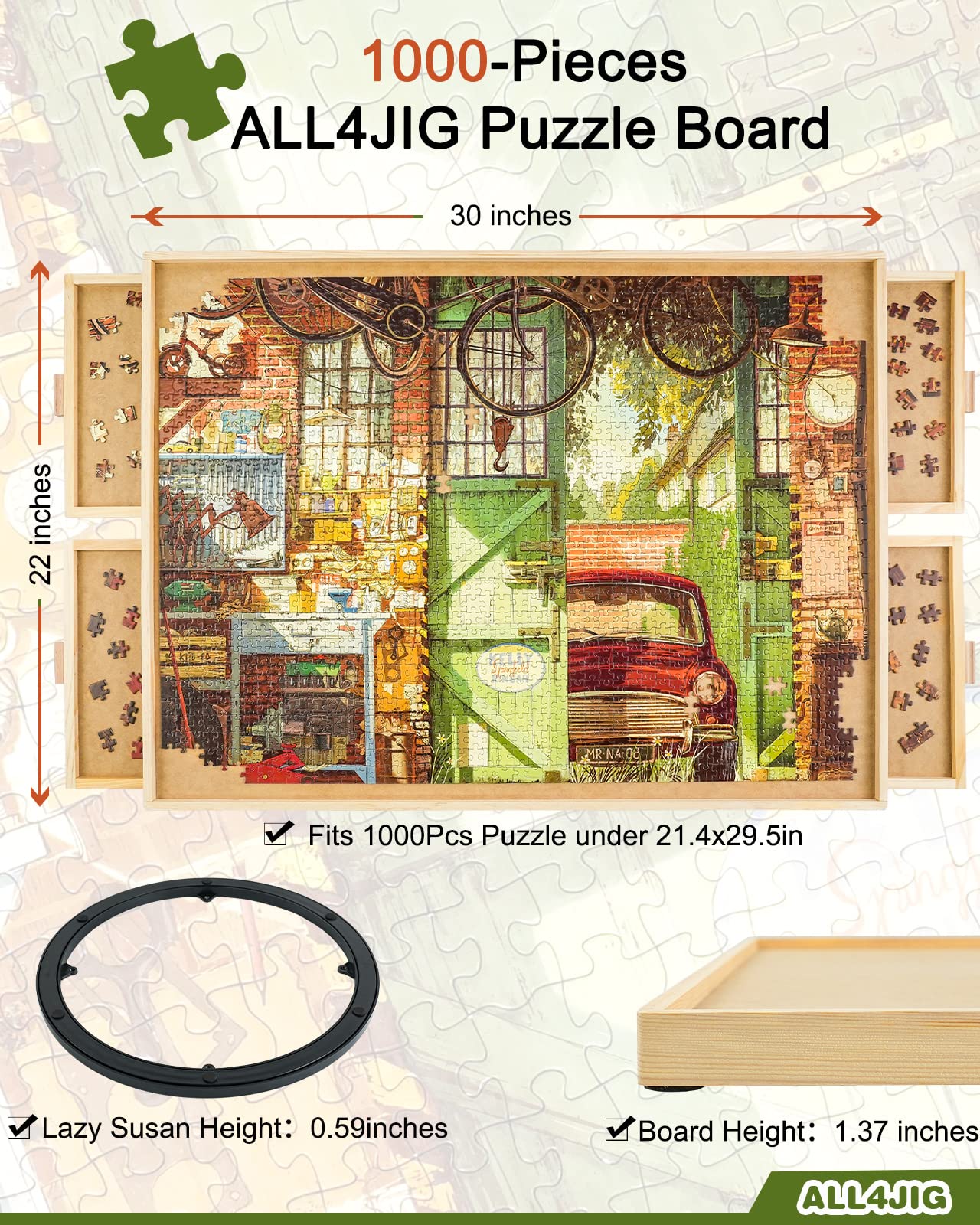 ALL4JIG Wooden 1000 Piece Rotating Puzzle Board with Drawers, 22"x30", Brown, Portable Jigsaw Table for Adults