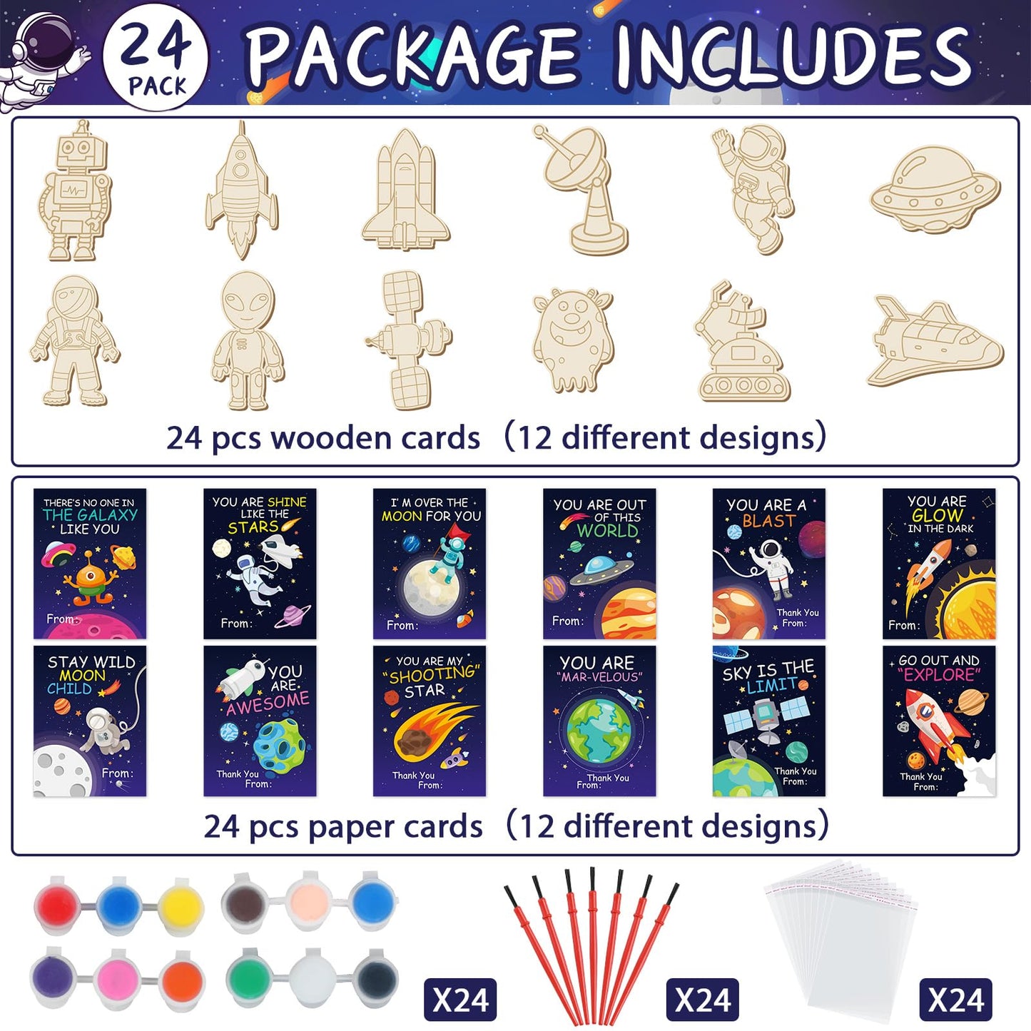Justforjoyful 24Pcs Space Party Favors Space Cards with Art Supplies Outer Space DIY Wood Painting Craft Kits Astronaut Thank Yo