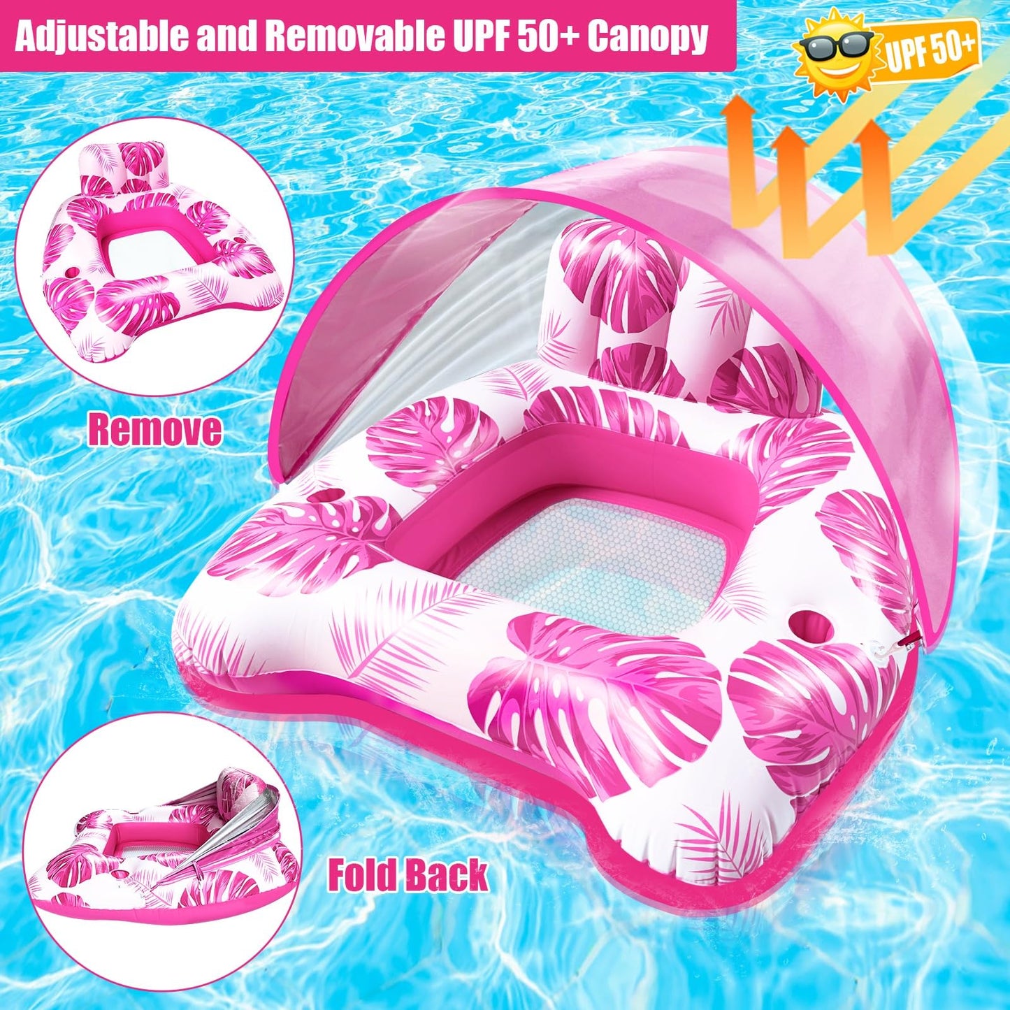 AMENON XL Pool Floats for mature-themeds with Adjustable Canopy  Cool Mesh Seat & Backdrest  Inflatable Pool Float mature-themed for Pool Lake Beach  Heavy Duty Floaties Chair  Tanning Pool Lounger with Drink Holder