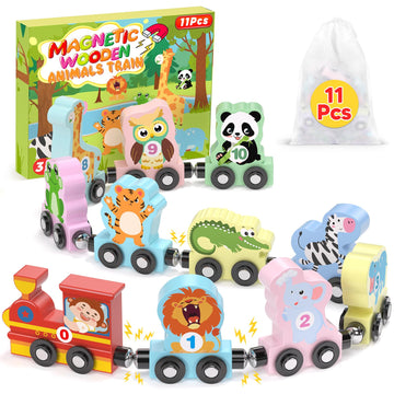 11 Pcs Magnetic Train Set Montessori Toys For 1 2 3 Years Old Toddlers Boys Girls, Wooden Animals Preschool Learning Activities