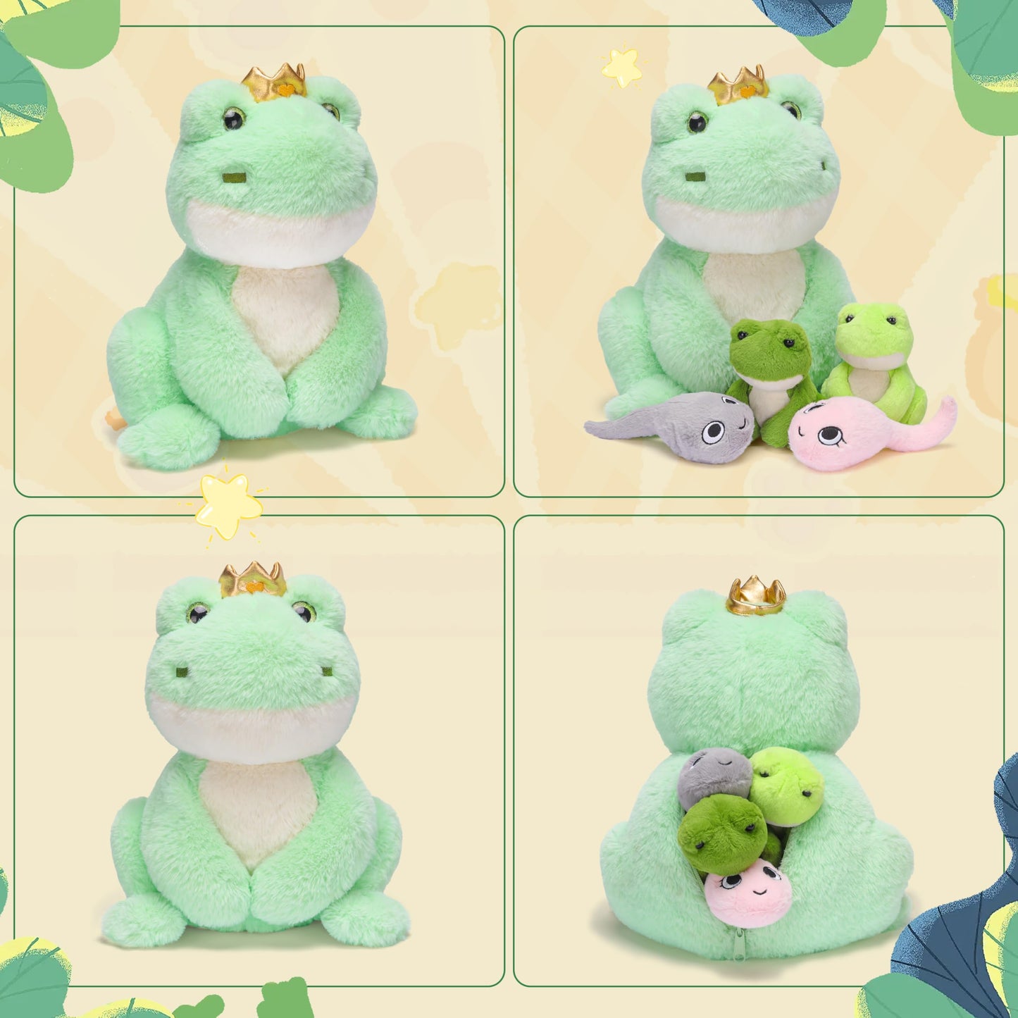 Ikasa Mommy Frog Stuffed Animal Mom And Baby Plush Toy, Cute 14'' Soft Small Mama Family Set Cuddly Toy With Little Mini Babies,