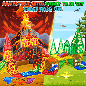 Dinosaur Toys Magnetic Tiles Lava Dinosaur World Set - Kids Games For 3+ Year Old Boys & Girls, Magnetic Blocks For Kids Ages 3-4 5-7 8-13 Stem Preschool Learning Montessori Toddler Toys