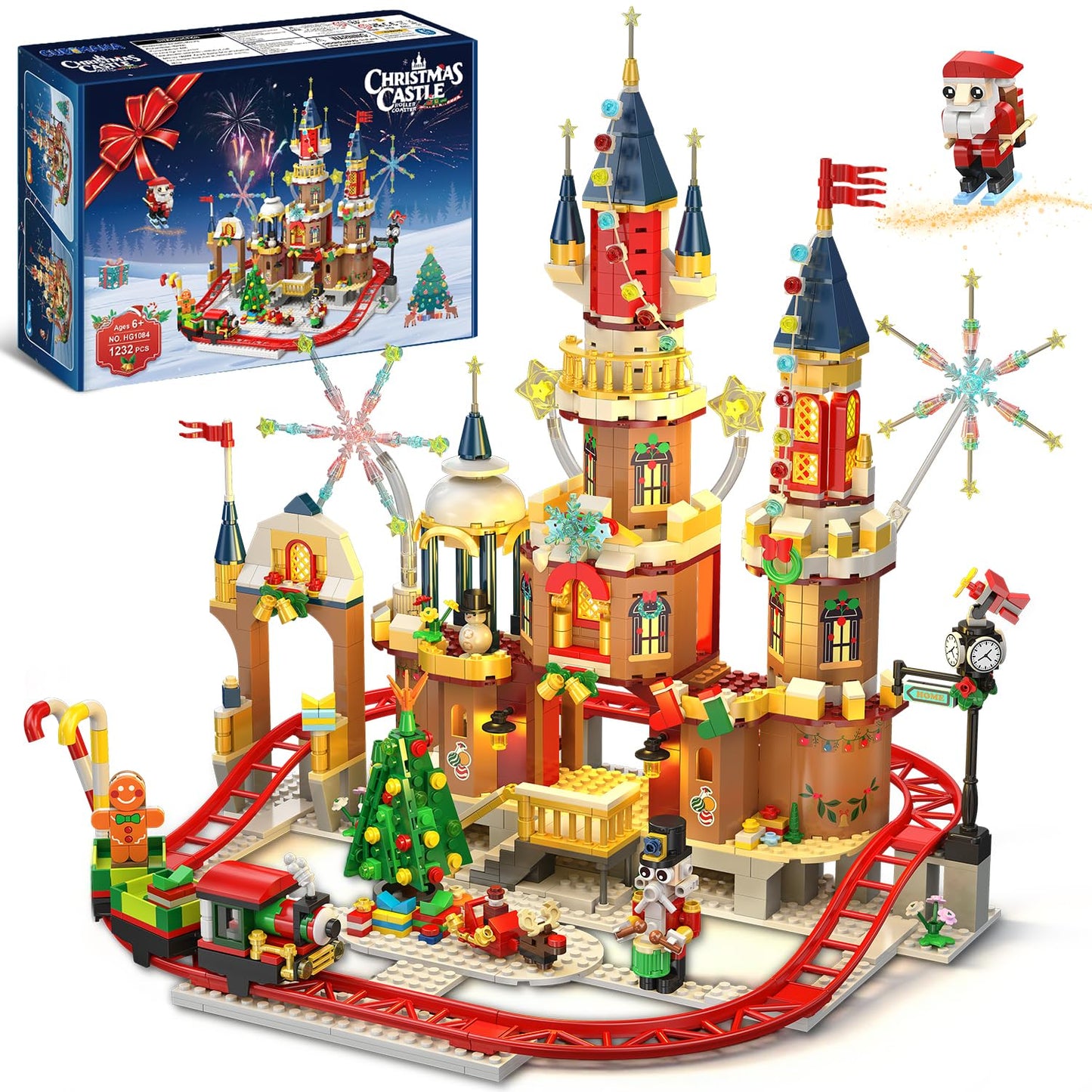 CUBIMANA 2025 Christmas Castle Roller Coaster Building Set with Lights - 1232PCS Christmas Village Rollercoaster Building Blocks Toy House Xmas Train Tree Santa Claus Gifts for mature-themeds Kids Boys Girls