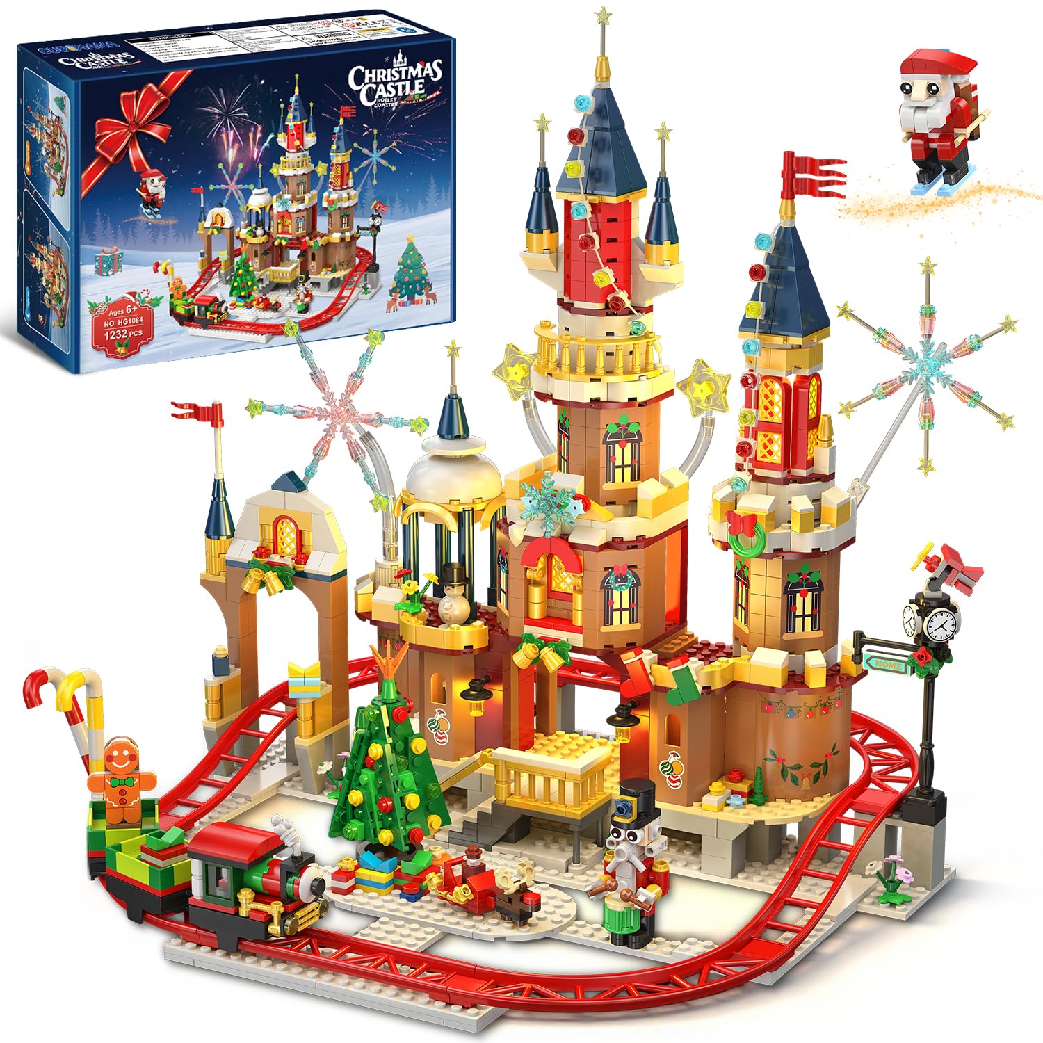 CUBIMANA 2025 Christmas Castle Roller Coaster Building Set with Lights - 1232PCS Christmas Village Rollercoaster Building Blocks Toy House Xmas Train Tree Santa Claus Gifts for mature-themeds Kids Boys Girls