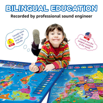 Qiaojoy Bilingual Interactive For Kids Talking Usa Map World Map For Kids Learning, Geography Toys Games Educational Electronic Map Personalized Gift/Toys For 4 5 6 7 8 9 10 Year Old Girls/Boys…