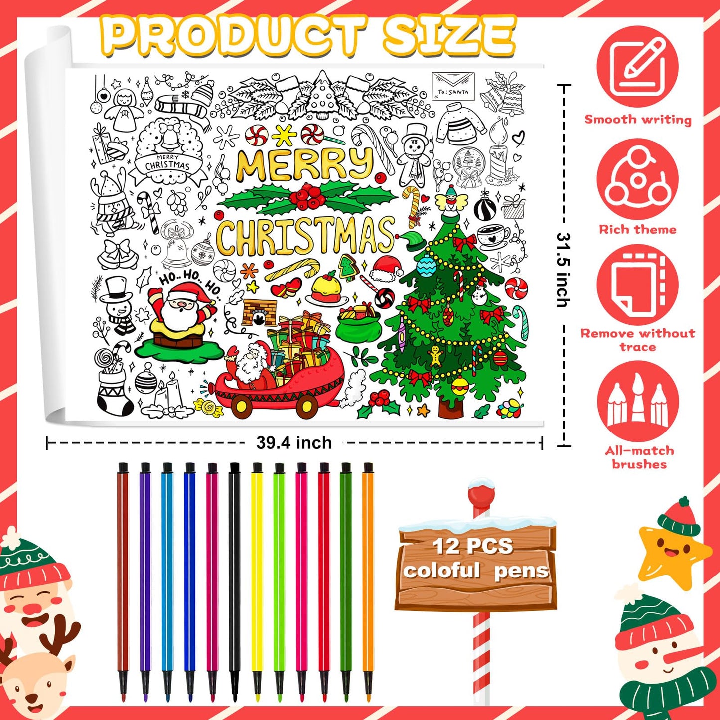 Kvcsyaw Christmas Giant Coloring Poster With 12 Pcs Paint Pens, 39.4 X 31.5 Inch Jumbo Coloring Poster With Tree, Huge Coloring