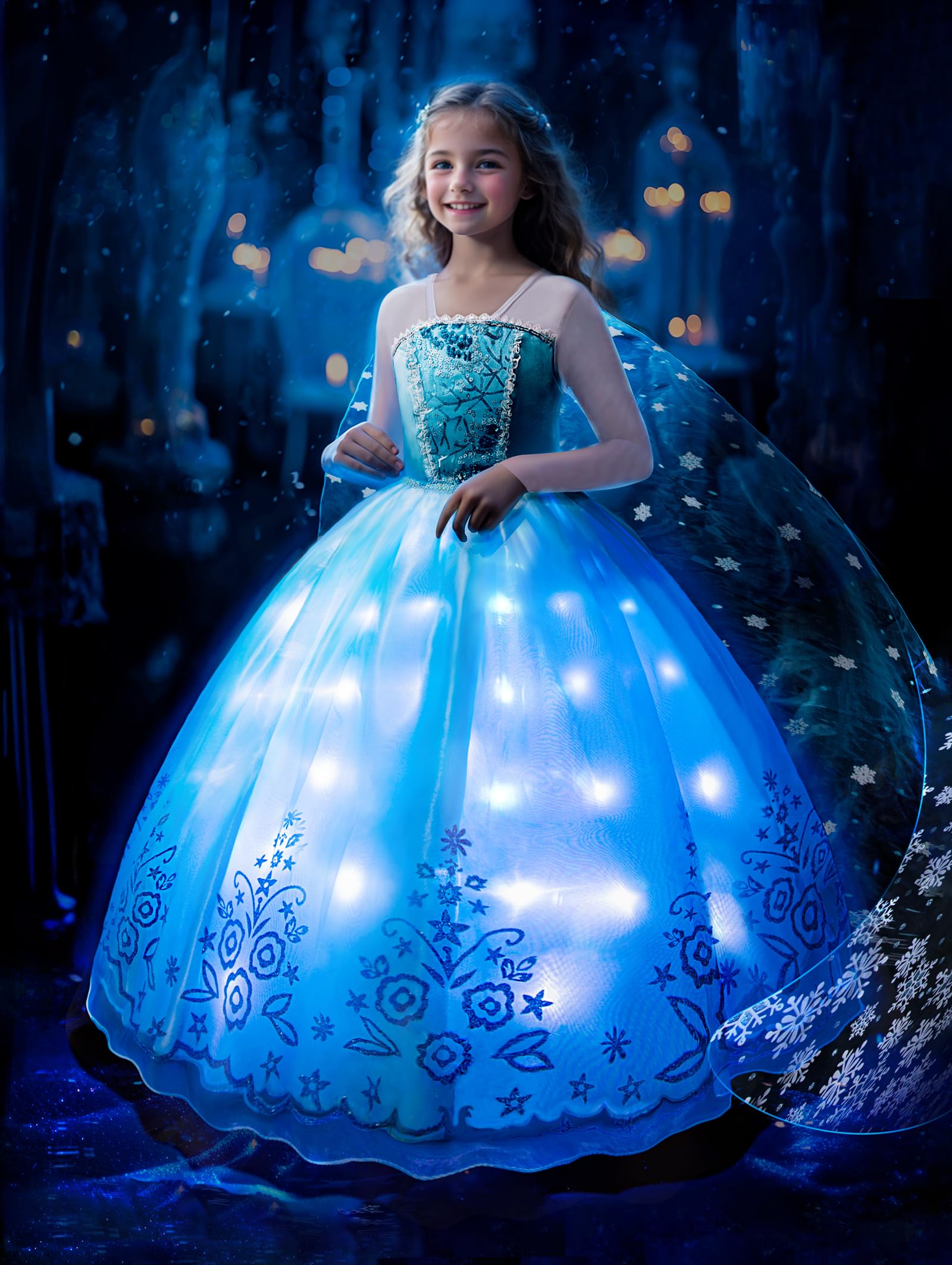Uporpor Magical Princess Dress Up Clothes With Cape For Little Girls Halloween Costume Toddler Kids Led Birthday Light Up Dress Party, Blue 110
