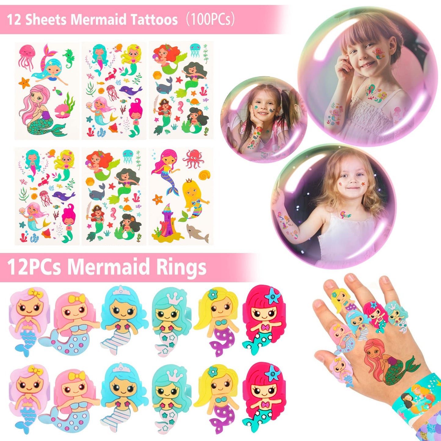 CHRIMISS 102Pcs Mermaid Party Favors Mermaid Bags Mermaid Slap Bracelets Rings Keychain Mermaid Hair Rings Temporary Tattoos Sti