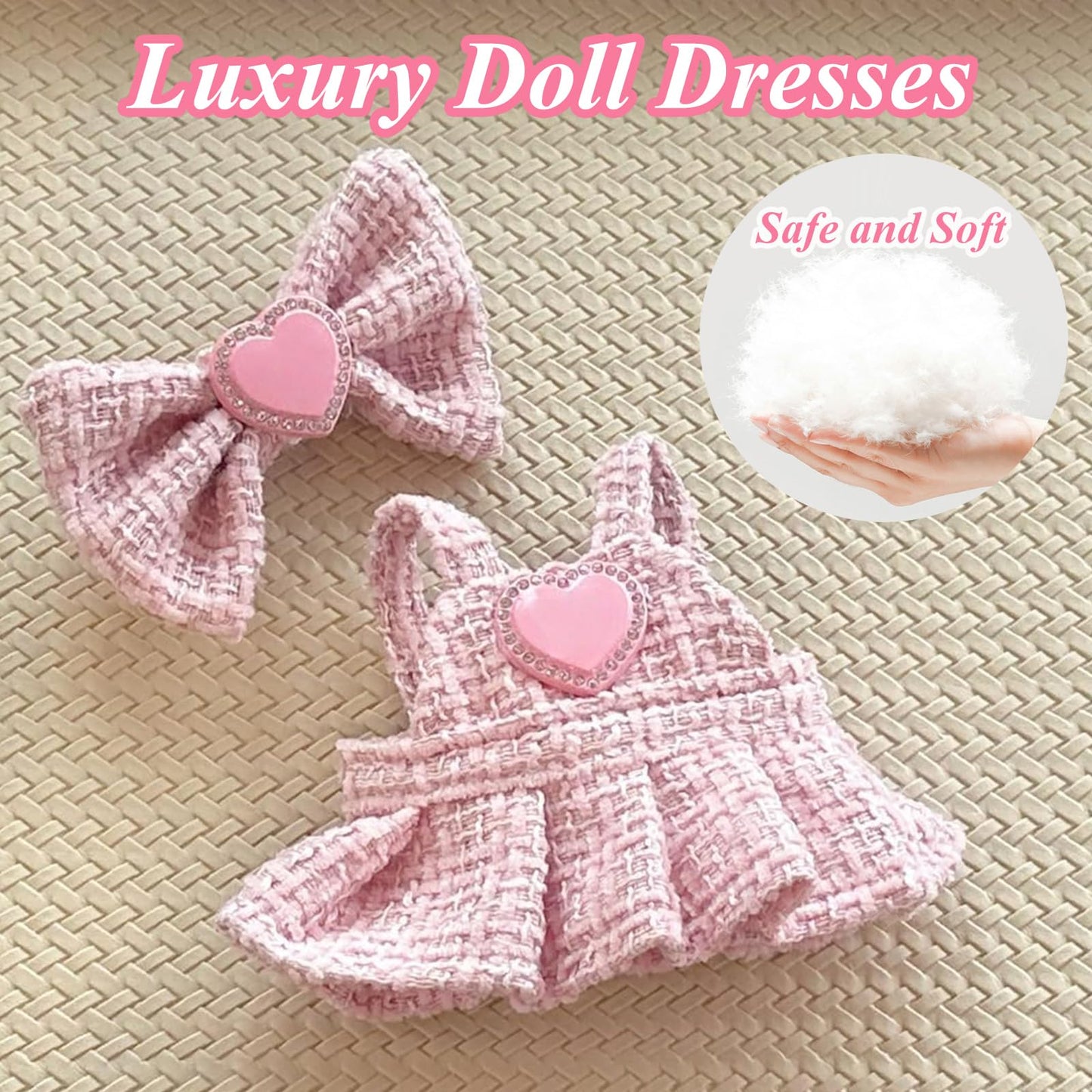 6.7in/17cm Doll Clothes Set(NO Doll)  4 Pcs Outfit Set Includes enhanced Fashion Dresses & Bow Hairpin & Glasses & Cute Rabbit Charm  elegant Chic Doll Clothing Accessories