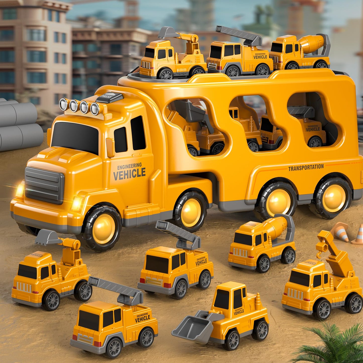 Beby Buty 7 in 1 Construction Trucks Cars Toys for Toddlers 3-5, Boy Toddler Car Truck Toys with Light Sound, Birthday Gifts Toy